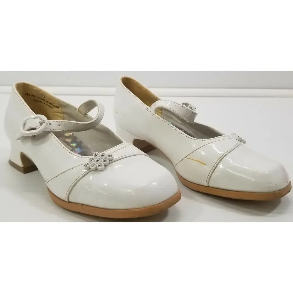 *D) Vintage Superstar Kid Girl's White Low Heel Strap Shoes 13